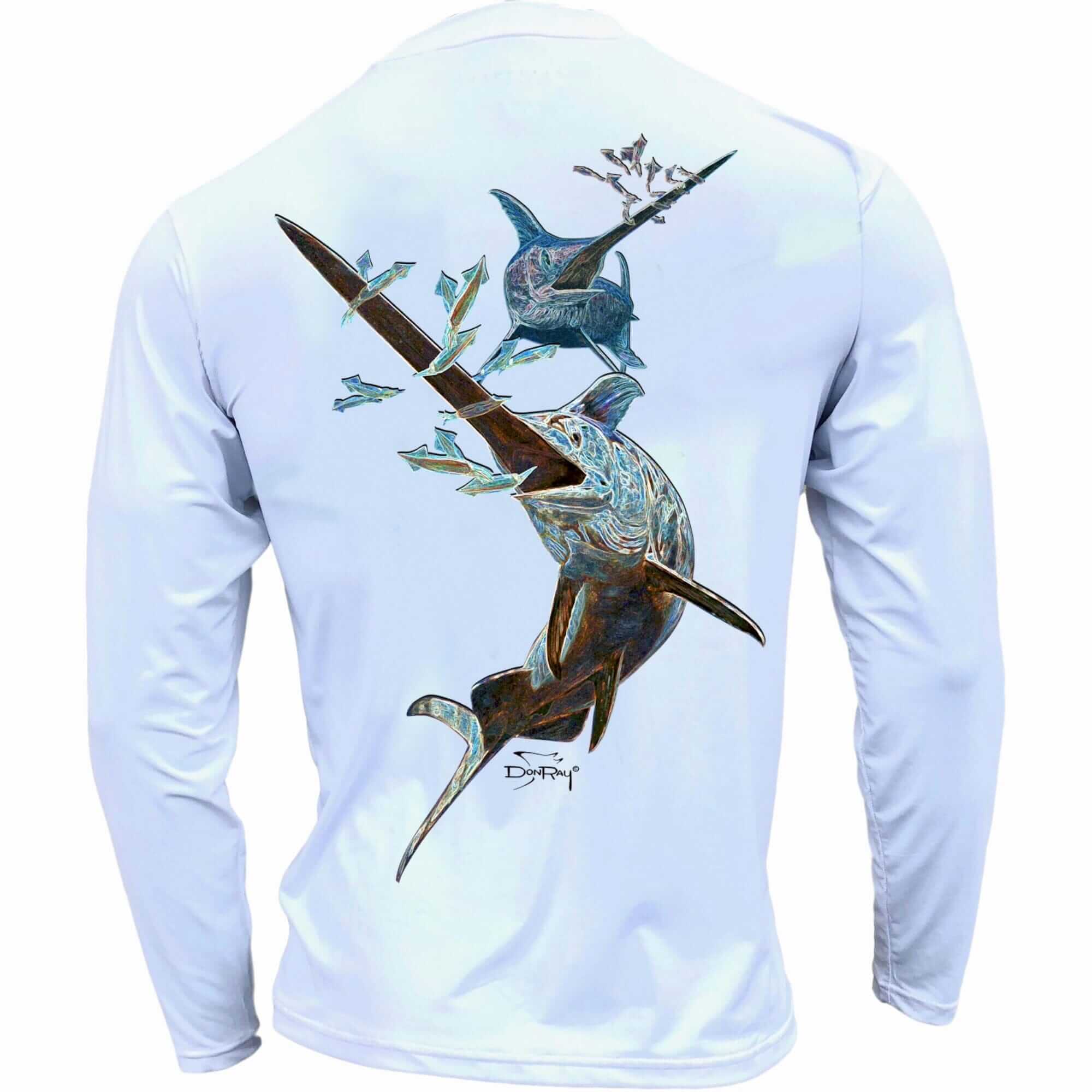 VTG Wear To Fish Men's S Fishing Shirt Light Blue Swordfish Print Vented  Back
